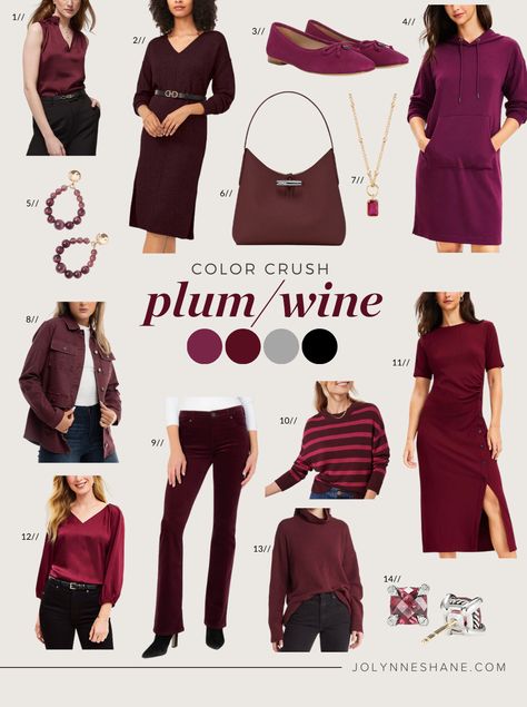 Plum Color Outfits, Plum Outfits For Women, Deep Color Code Outfits, Plum Shirt Outfit, Plum Skirt Outfit, Wine Colored Outfits, Wine Color Outfits, Maroon Color Combinations Outfits, Plum Top Outfit