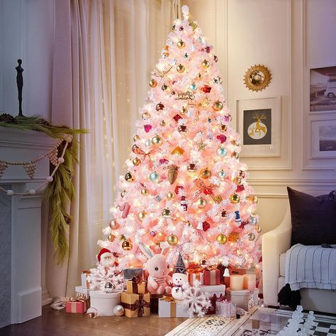 Yaheetech 7.5ft Pre-lit Artificial Christmas Tree with Incandescent Warm White Lights, Snow Flocked Full Prelighted Xmas Tree with 1284 Branch Tips, 550 Incandescent Lights & Foldable Stand, Pink Full Christmas Tree, Frosted Christmas Tree, Frosted Tree, Spruce Christmas Tree, Pink Christmas Tree, Pink Home Decor, Christmas Tree Lighting, Artificial Christmas Tree, Decorate Your Room