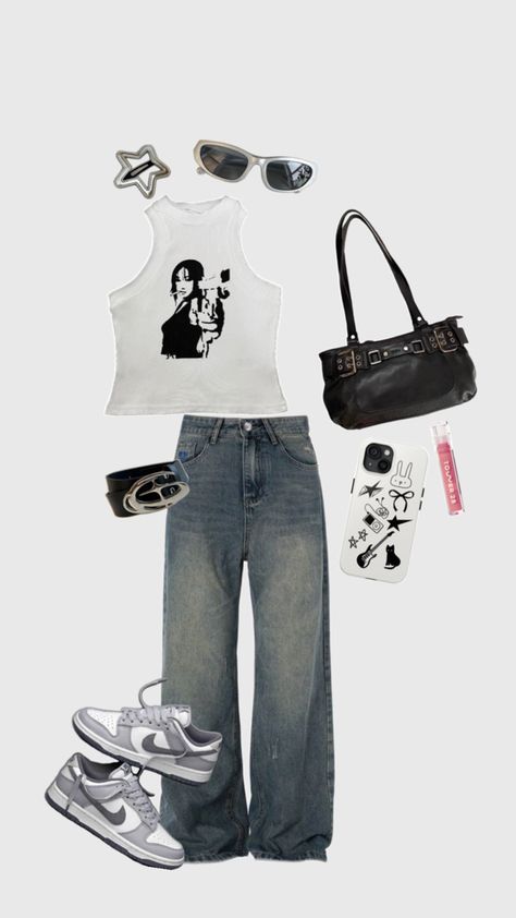 Aesthetic acubi outfit graphic tank top cyber grunge y2k baggy faded jeans dunks silver Coquette Jeans, Acubi Grunge, Acubi Outfit, Y2k Acubi, Grunge Coquette, Grunge Baggy, Baggy Style, Faded Jeans, Y2k Baggy