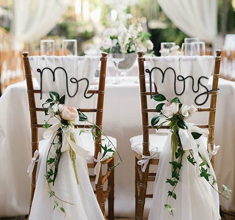 Mr And Mrs Chairs, Bride And Groom Chair Signs, Mr And Mrs Chair Signs, Wedding Staircase Decoration Railings, Bride And Groom Chair Decor, Wedding Isles Decoration, Chair Decorations Wedding, Classy Boho Wedding, Bride Groom Chair