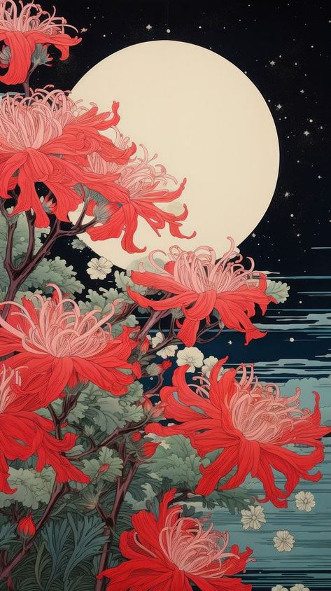 Traditional japanese wood block print illustration of isolated red spider lily againts night sky flower outdoors nature. | premium image by rawpixel.com / Ling Japanese Block Print, Wood Block Print, Lily Wallpaper, Japanese Blossom, Red Spider Lily, Ancient Japanese Art, Spider Lily, Vaporwave Wallpaper, Red Spider