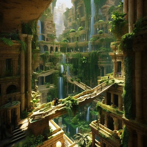 The Hanging Gardens of Babylon, Aesthetica on ArtStation at https://www.artstation.com/artwork/YBPNq3 Hanging Gardens Of Babylon, Gardens Of Babylon, Hanging Gardens, Fantasy City, Fantasy Setting, Fantasy Places, Futuristic City, Fantasy Art Landscapes, Hanging Garden