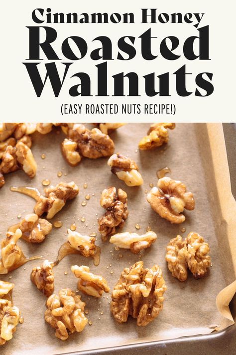 I love these homemade cinnamon and honey roasted walnuts! So addictive and healthy. Recipes With Walnuts In It, Roasted Walnuts Recipe, Honey Recipes Healthy, Sugar Walnuts Recipe, Walnut Recipes Healthy, Spiced Walnuts Recipe, Roasted Nuts Recipe, Candied Walnut Recipe, Diet Dishes