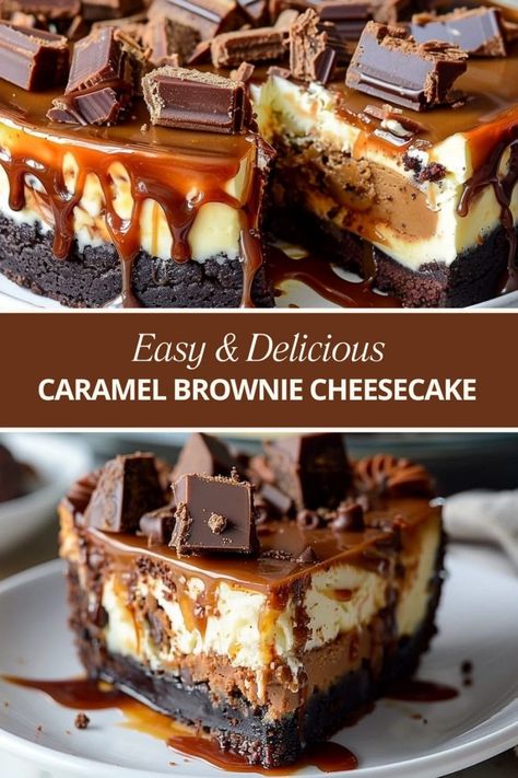 Carmel Brownie Cheesecake Cup, Caramel Chocolate Cheesecake Recipes, Layered Chocolate Cheesecake, Salted Caramel Chocolate Cheesecake Cake, Caramel Brownie Cake, Triple Layer Cheesecake, Carmel Brownie Cheesecake Recipe, Salted Caramel Brownie Cheesecake, Brownie Bottom Salted Caramel Cheesecake