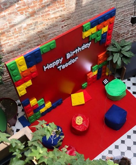 Lego Parade Float Ideas, Lego Parade Float, Lego Theme Parade Float, Lego Party Backdrop Diy, Lego Party Photo Booth, Lego Party Decorations Backdrops, Party Rental Ideas, Lego Birthday Cake, Lego Themed Party