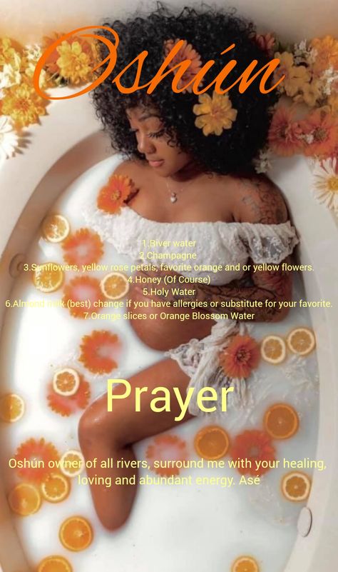 This spiritual bath is for the effervescent, nurturing, courageous, charismatic, ambitious & loving man or woman. Not to worry. We'll tap into the masculine Orishas next month 💛 Let spirit guide you on how much to use and add each one to your bath, considering you have no allergies to them. Trust your intuition. No tub. Pregnant (consult with your doctor first)? Mix the ingredients and pour from the neck down. Enjoy✨️ Photo: Outside Of The Lines Venus Day Rituals, Goddess Bath, Spiritual Baths, Spiritual Bath Recipes, Orisha Oshun, Oshun Goddess, Yellow Rose Petals, Bath Aesthetic, Florida Water