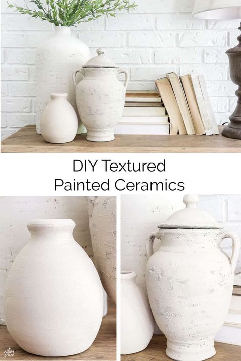 Do you have old ceramic vases around that no longer fit your style? These DIY textured painted ceramics are a great idea to consider. Ceramic Rustic Vase, Diy Paint Ceramic Vase, Textured Vase Decor, Plastering Vases, Painting Ceramic Vases Diy, Painting Old Vases, Textured Pots Diy, Diy White Vase, Plaster Pots Diy