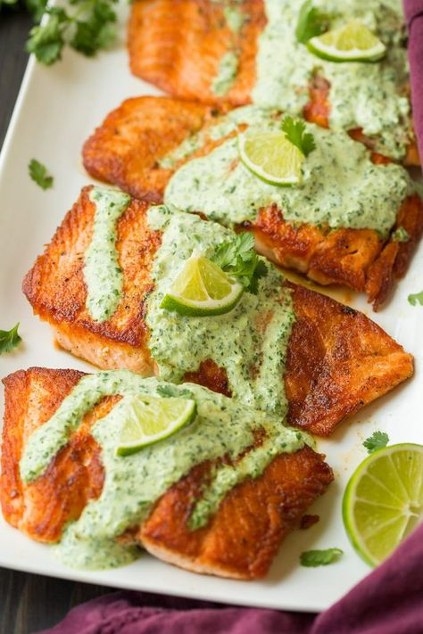 Creamy Cilantro Lime Sauce, Cilantro Lime Salmon, Seared Salmon Recipes, Sauce For Salmon, Garlic Butter Salmon, Lime Salmon, Cilantro Lime Sauce, Butter Salmon, Cilantro Sauce