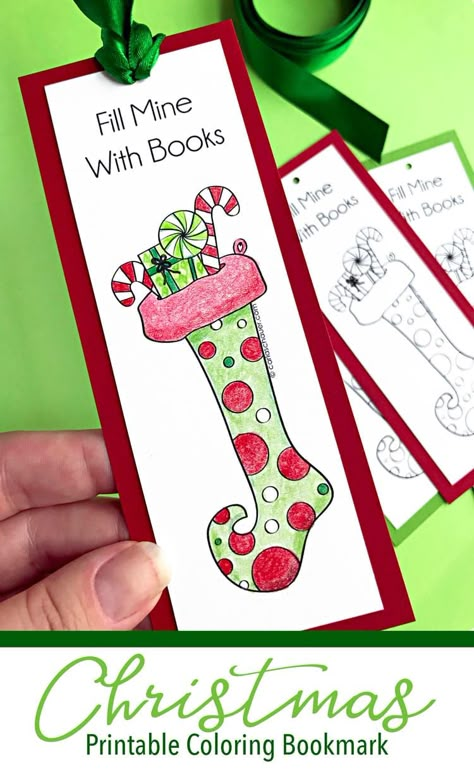 These would be perfect for school holiday parties!  DIY printable coloring bookmarks make a cute non-candy treat or Christmas party craft. Free printable from Carla Schauer Studio. #Christmas #printable #bookmark #winter #coloringpage #noncandy #craft stocking Printable Christmas Bookmarks, Printable Coloring Bookmarks, Holiday Party Crafts, Bookmarks To Color, School Holiday Party, Christmas Party Crafts, Bookmark Crochet, Christmas Bookmarks, Rainy Day Crafts