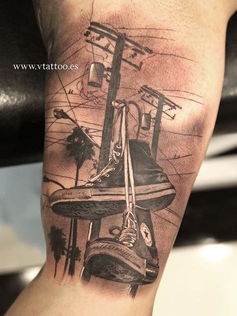 Perspective drawing of converse on a power line. Love IT! Hip Hop Tattoo, Chicanas Tattoo, V Tattoo, Freedom Tattoos, Shoe Tattoos, Half Sleeve Tattoos Drawings, Gangsta Tattoos, Street Tattoo, Chicano Style Tattoo