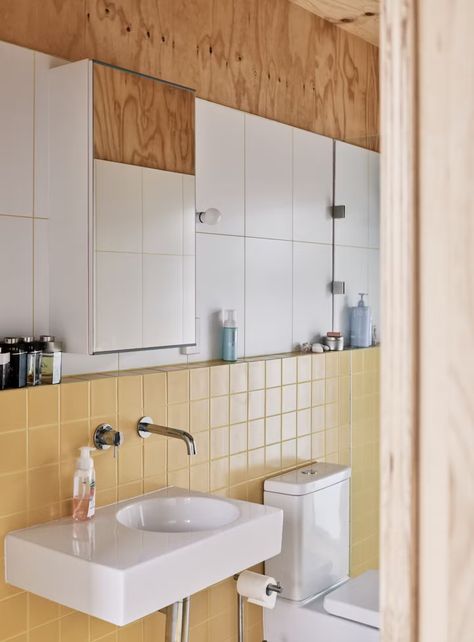 Photo 19 of 20 in This Suburban Australian Home Isn’t Afraid of a Little (More Like a Lot of) Plywood - Dwell Small Square Bathroom, 1940 Bathroom, Plywood Bathroom, 2024 Bathroom, Yellow Bathroom, House Aesthetic, Yellow Bathrooms, Bathroom Top, River House