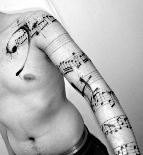 Music Notes Wrapping Around Arm Mens Full Sleeve Paint Brush Stroke Tattoos Music Staff Tattoo, Sheet Music Tattoo, Belly Button Tattoo, Tatoo 3d, Button Tattoo, Music Tattoo Sleeves, Music Note Tattoo, Graffiti Tattoo, Music Tattoo Designs