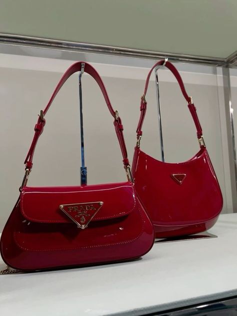 Red Prada Bag Outfit, Cherry Red Bag, Prada Milano Bag, Red Prada Bag, Skincare Vanity, Red Hand Bag, Funky Purses, Bag Boutique, Prada Red