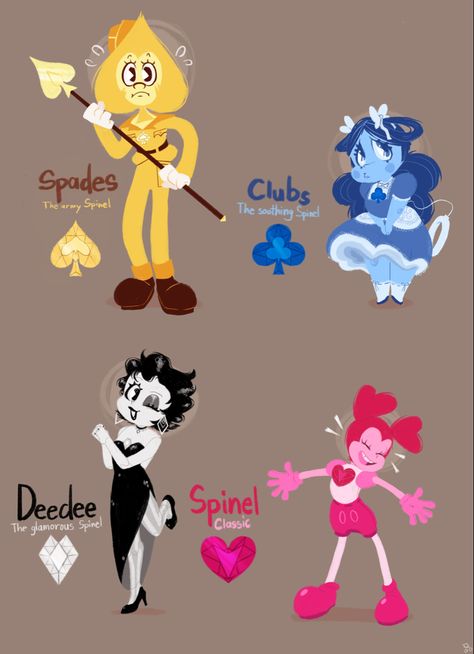 Four gems from Steven Universe, three are fanmade. A lanky yellow one labelled "Spades, the army Spinel", a portly blue one labelled "Clubs, the soothing Spinel", an elegant white one labelled "Deedee, the glamorous Spinel", and the canonical character Spinel, who is labelled "Spinel, classic". Each character is styled in a different way based on their names. Spinel And The Diamonds, The Diamonds Su, Opal Steven Universe Fanart, Spinel Steven Universe Fanart, Steven Universe The Diamonds, Spinel And Steven, Spinel X Steven, Spinel Oc, Steven Universe Diamonds