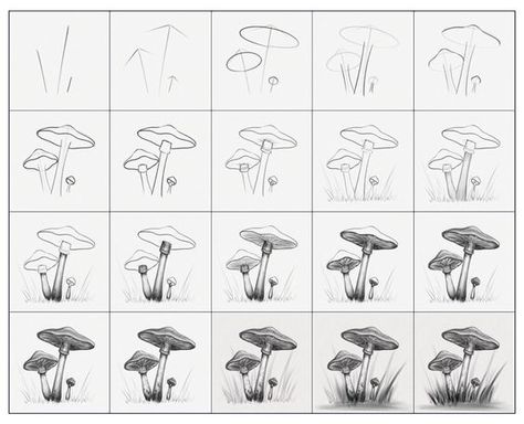 How To Doodle Mushrooms, Mushroom Step By Step Drawing, Zentangle Patterns Step By Step Mushrooms, Mushroom How To Draw, Mushroom Doodle Step By Step, Mushroom Tutorial Drawing, Drawing Mushrooms Easy, Mushroom Drawing Pencil, How To Draw Plants Step By Step