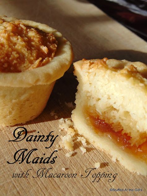 Stuffed At the Gill's: Dainty Maids are jam filled, buttery shortbread cookie tarts with a coconut macaroon topping. Perfect for parties and celebrations! #Cookies #Dessert #Jam #Coconut #Shortbread #Celebration #Christmas Coconut Tart Recipe, Cookie Tarts, Macaroon Filling, Coconut Shortbread, Canadian Recipes, Cookie Cups Recipe, Coconut Macaroon, Coconut Tart, Jam Tarts