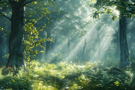 Sunlight shining through the trees in a forest with flowers Forest With Flowers, Forest Drawing, Tree Saw, Cityscape Photos, Forest Landscape, Nature Backgrounds, Custom Illustration, Background Banner, Us Images