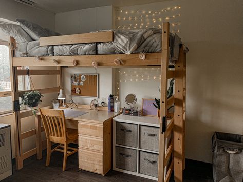 Best Dorm Layouts, College Dorm Room Lofted Bed Ideas, Dorm Room Layout Ideas Double, Twin Bed Dorm Room Ideas, Loftable Bed College Dorms, Iowa State Dorm Room Ideas, Dorm Room Bunk Beds Layout, Lofted Bed Dorm Room Ideas Simple, Dorm Room Ideas High Bed