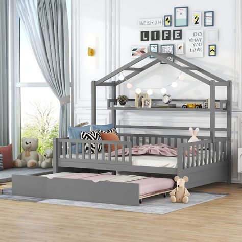 PRICES MAY VARY. 【Full Size House Bed for Kids】:This adorable full size kids bed is in the shape of a house frame with a pitched roof and storage shelves adds charm and character to child’s bedroom, kids can DIY their own bedroom to be more fantastic meanwhile increase interaction with your kids. Make your baby transition from crib to twin bed simple and fun! 【Space-saving House Bed with Trundle and Storage】: This adorable house bed frame features a twin trundle under the bed. It is easy to crea Twin Size House Bed, Twin House Bed, Playhouse Bed, House Frame Bed, Bed Platform, Bed With Trundle, Bed Shelves, Unique Beds, Mdf Frame