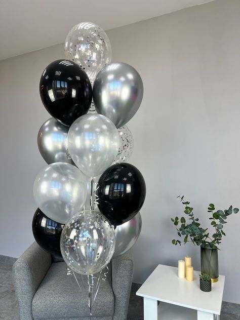 Silver Party Decorations, Surprise Birthday Decorations, Balloons For Birthday, Disco Party Decorations, Black Balloon, Birthday Party Decorations Diy, Bday Party Theme, Silver Balloon, Black Backdrop