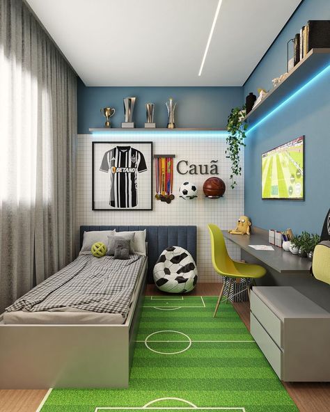 Soccer Room Ideas For Boys, Small Boys Room Ideas, Football Room For Boys, Soccer Bedroom Ideas, Boy's Room Ideas, Two Boys Bedroom Ideas, Soccer Kids Room, Rooms For Boys, Kids Boy Room