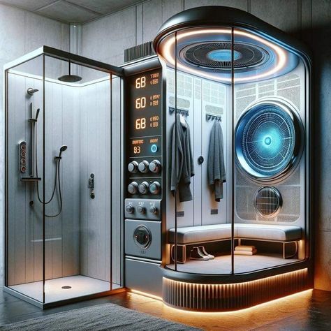 Sci Fi Bathroom, Spaceship Bathroom, High Tech Bathroom, Cyberpunk Bathroom, Sci Fi Apartment, Futuristic Rooms, Scifi Room, Makerspace Design, Futuristic Bathroom