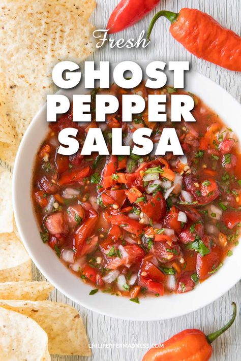 Ghost Pepper Salsa Recipe, Ghost Pepper Salsa, Hot Salsa Recipes, Hot Pepper Recipes, Pepper Salsa, Homemade Hot Sauce, Hot Salsa, Ghost Pepper, Hot Sauce Recipes