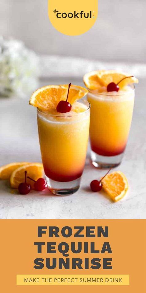 If you love tequila, you’re going to LOVE this frozen Tequila Sunrise. You won’t believe how easy it is to make this cocktail, and all you need is a few ingredients. We’re giving this classic Tequila Sunrise a frozen twist by turning it into a slushie. Frozen Tequila Sunrises are made the same way except you need a little more ice and a high powered blender. This citrusy “sweet tart” drink is perfect for a hot summer day or brunch with friends. Tap the pin for this refreshing summer cocktail. Frozen Mixed Drinks, Classic Tequila Cocktails, Strawberry Tequila, Grenadine Syrup, Tequila Sunrise Cocktail, Slushy Drinks, Sunrise Cocktail, Frozen Drink Recipes, Drinks To Try