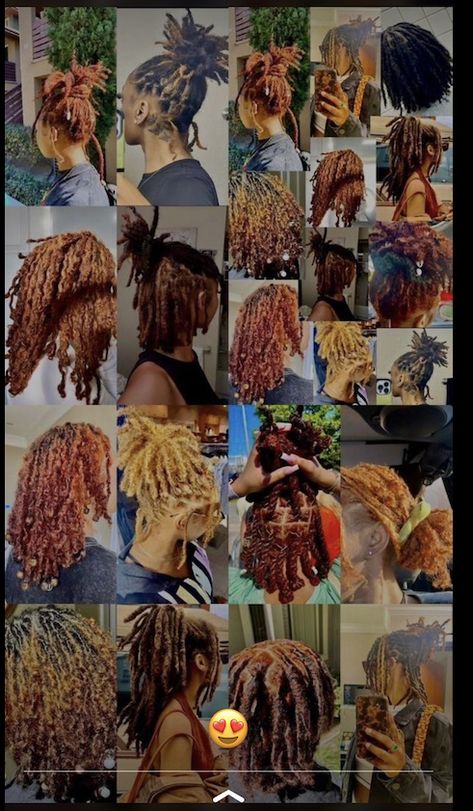 Colored Locs With Curly Ends, Cute Hairstyles For Short Starter Locs, Locs Type 4 Hair, Natural Dyed Locs, Fall Colors For Locs, Sides For Baked Fish Dinners, Starter Locs Short 4c Hair Styles, Loc Styles Back To School, Ginger And Blonde Hair Black Women Locs