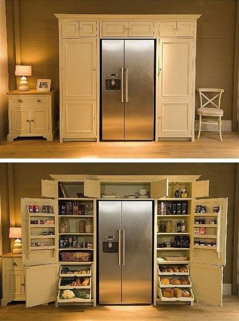 Like this idea of putting floor-to-ceiling cabinets flush with the refrigerator. Panel the refrig doors for extra specialness. Pantry Garderobe Design, Interior Dapur, Hemma Diy, Dekor Diy, Diy Casa, Hus Inspiration, Cottage House, Style At Home, Küchen Design