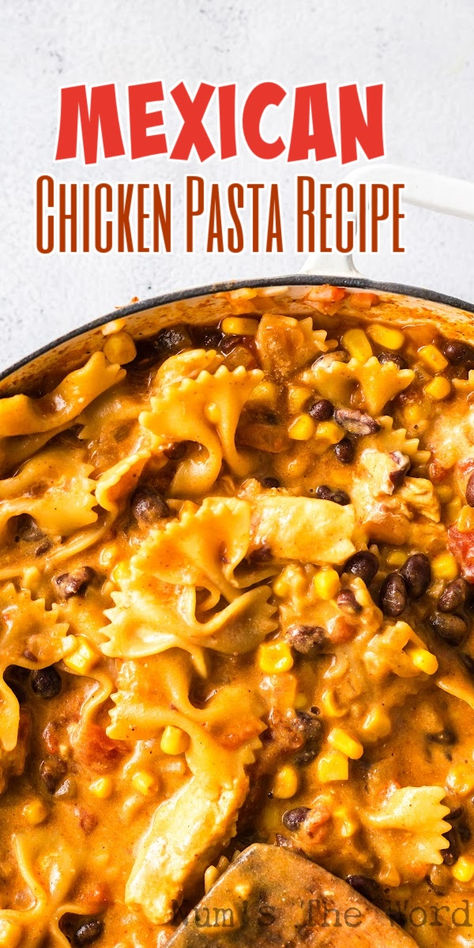 Mexican Chicken Pasta is an easy one pot meal that your whole family will love! It comes together quickly, tastes delicious, and is perfect for any busy weeknight meal! #numstheword #mexicanchickenpasta #mexicanchickenpastarecipe #mexicanchickenpastarecipes #chickenmexicanpasta #mexicanpastachicken #tacochickenpasta #blackbeanchickenpasta #chickensalsapasta #salsapasta #salsachickenpasta #onepotmexicanchicken Mexican Chicken Noodle Casserole, Turkey Taco Pasta Bake, Southwestern Chicken Pasta, Chicken Pasta Mexican, Mexican Chicken Pasta Recipes, Mexican Chicken Pasta Casserole, Chicken Taco Pasta Bake, Mexican Pasta Dishes, Nacho Pasta