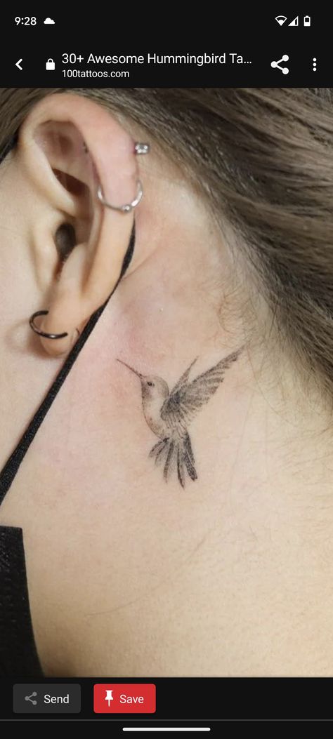 Hummingbird Arrow Tattoo, Small Colibri Tattoo, Hummingbird Tattoo Back Of Neck, Hummingbird Tattoo Ear, Behind The Ear Hummingbird Tattoo, Hummingbird Tattoo Neck, Cute Hummingbird Tattoo, Hummingbird Tattoo Placement Ideas, Hummingbird Neck Tattoo