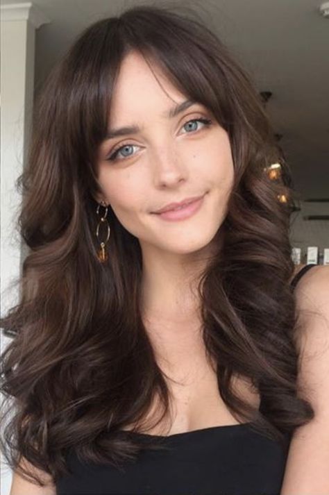 #brunette #salon #curtainbangs #curls #hair #beauty #makeup #trends #fashion Chocolate Brown Hair Pale Skin, Dark Brown Hair Pale Skin, Brunette Hair Pale Skin, Brown Hair Pale Skin, Chocolate Balayage, Brunette Hair Color Ideas, Cool Brown Hair, Pale Skin Hair Color, Rich Brown Hair