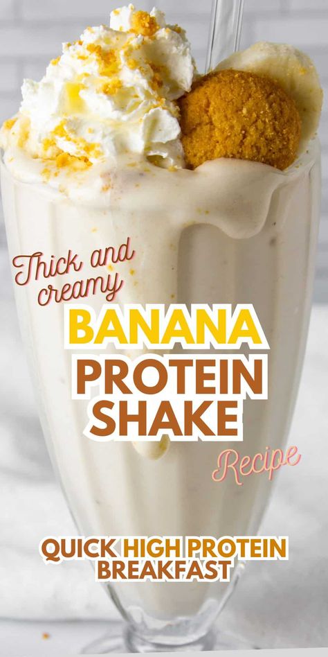 Easy Banana Protein Shake (3 Ingredient Recipe) High Protein Banana Smoothie, High Protein Breakfast Shakes, Protein Shake Milkshake, Protien Shake Recipes, Vanilla Protein Shake Recipes, Healthy Protein Desserts, Homemade Protein Shakes, Breakfast Shakes Protein, Protein Drink Recipes