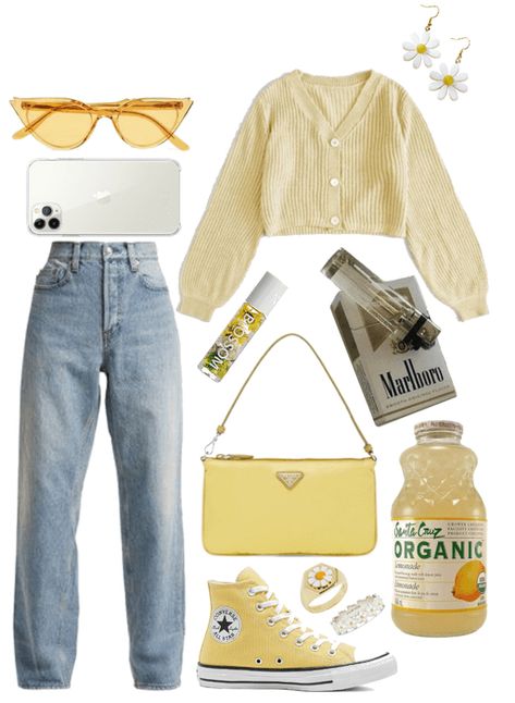 Pastel Yellow Top Outfit, Yellow Inspired Outfits, Aesthetic Outfits Yellow, Yellow Outfit Ideas Summer, Yellow Aesthetic Outfits, Aesthetic Yellow Outfits, Yellow Outfits Aesthetic, Yellow Casual Outfit, Cute Yellow Outfits