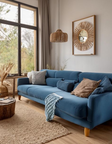 Rustic Charm Blue Decor In Living Room, Family Room With Blue Couch, Blue Sofa Scandinavian Living Room, Blue Couch Rustic Living Room, Small Living Room Ideas Blue Couch, Blue Couch Interior Design, Modern Blue Sofa Living Room, Interior Design Living Room Blue Couch, Navy Blue Sofa Living Room Ideas Decor