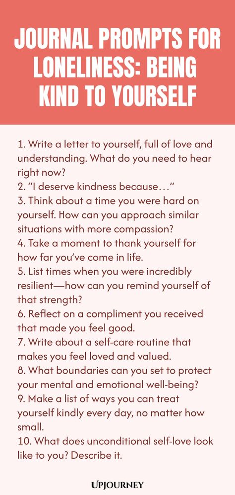 Explore these insightful journal prompts to navigate feelings of loneliness with self-compassion. Discover ways to be kind to yourself and cultivate inner peace through reflection and writing. Acknowledge your emotions, validate your experiences, and embrace the journey towards self-discovery. Let these prompts guide you towards a deeper understanding of yourself and finding solace in solitude. Download now for a meaningful journaling session dedicated to honoring your feelings of loneliness wit Self Validation Journal Prompts, Journal Prompts For Letting Go, Self Validation, Being Kind To Yourself, Psychology Terms, Deep Conversation Starters, Relationship Quizzes, Journal Questions, Happiness Journal