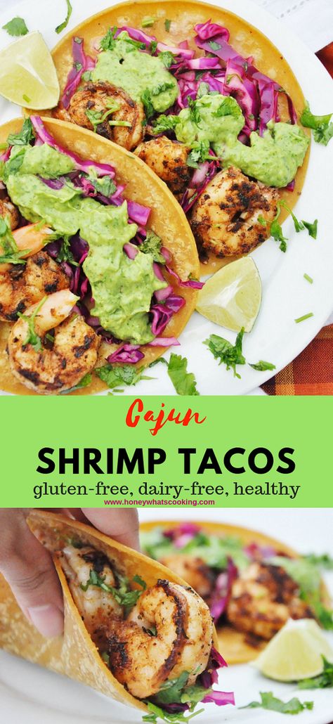 Cajun Shrimp Tacos with Avocado Cream Sauce (gluten-free, dairy-free, healthy) – Honey, Whats Cooking Cajun Shrimp Tacos, Avocado Cream Sauce, Tacos With Avocado, Dairy Free Recipes Dinner, Whats Cooking, Healthy Honey, Dairy Free Dinner, Avocado Cream, Cajun Shrimp