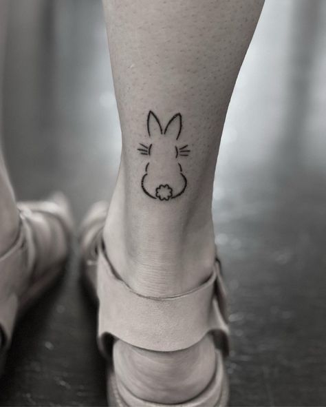 Back of a rabbit tattoo on back of leg Cute Bunny Tattoos For Women, Rabbit Small Tattoo, Bunny Tiny Tattoo, Rabbit Tattoos For Women, Bunny Ear Outline Tattoo, Cute Rabbit Tattoo Small, Outline Bunny Tattoo, Bunny Paw Print Tattoo, Funny Bunny Tattoo