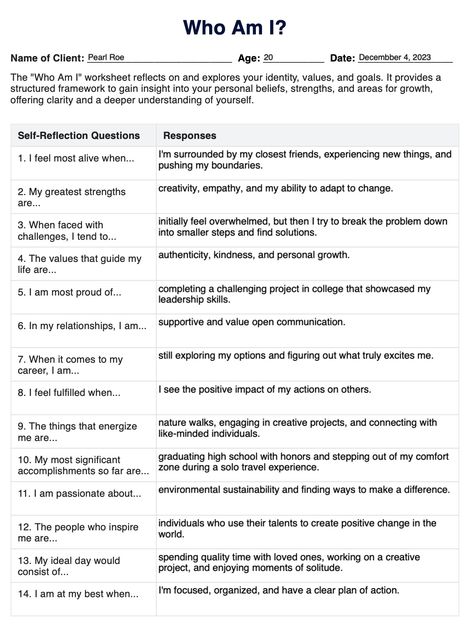 Who Am I Worksheet & Example | Free PDF Download Adlerian Group Therapy Activities, Self Assessment Questions, Who Am I Therapy Activity, Self Care In Recovery, Identity Work Therapy, Core Beliefs Cbt Worksheet, How To Know Who I Am, Self Help Worksheets Printables Free, Accountability Worksheets Free Printable