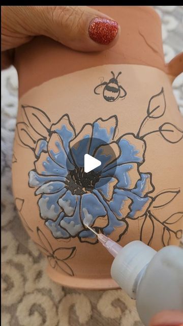 Pottery Painting Before And After, Underglaze Flower Painting, Pottery Floral Designs, Pottery Made By Hand, Painting With Glaze Ceramics, Underglaze Painted Pottery, Lily Pad Pottery, Painting Flowers On Pottery, Pottery Glaze Designs