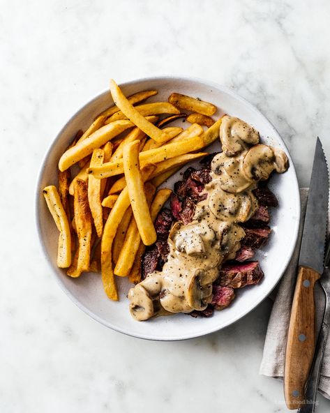 The 5 Best Steak Sauce Recipes to Serve with Your Weeknight Steak Frites Right Now · i am a food blog i am a food blog Mushroom Steak Sauce Recipe, Mushroom Steak Sauce, Peppercorn Sauce For Steak, Best Steak Sauce, Steak And Fries, Mushroom Steak, Steak Sauce Recipes, Steak And Chips, Roasted Red Potatoes