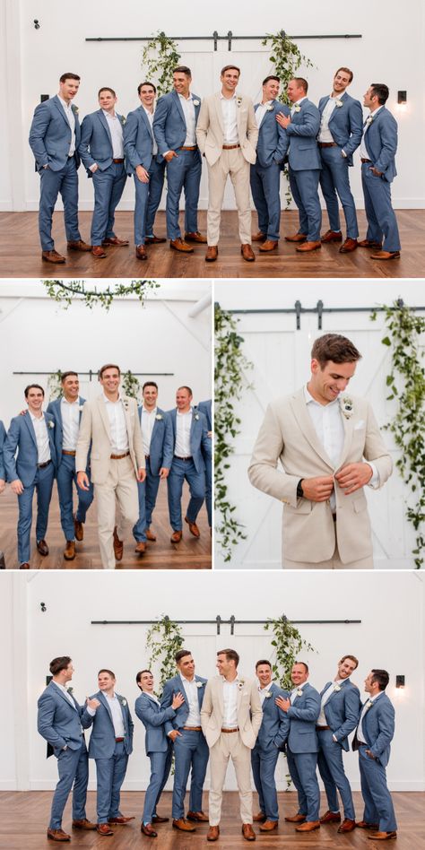 Blue Groomsmen Attire, Tan Groomsmen, Tan Suit Wedding, Groomsmen Colours, Blue Groomsmen Suits, John Myers, Blue Groomsmen, Wedding Groomsmen Attire, Groom And Groomsmen Suits