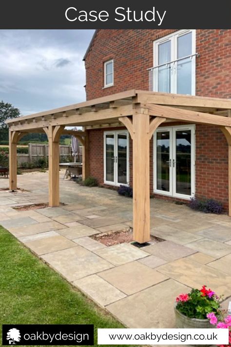 This impressive 7 meter oak pergola with a glazed roof has created an amazing outside space Oak Pergola, Oak Doors, Kitchen Extension, Garden Structures, Internal Doors, Patio Area, The Garden, Beams, Roof