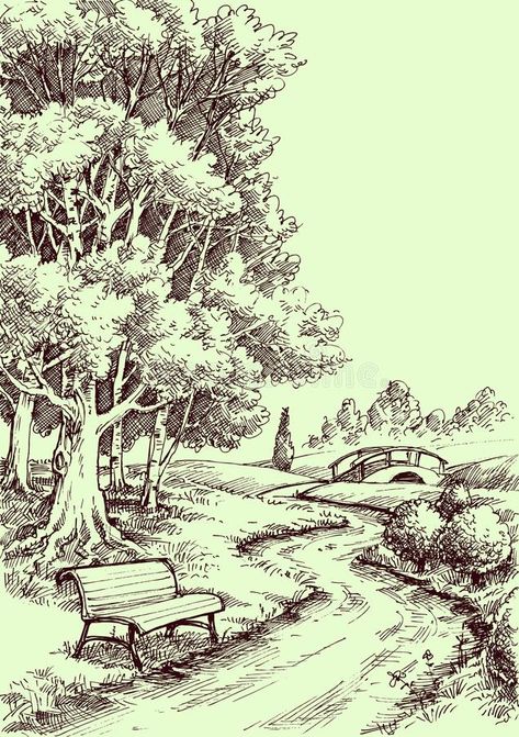 Peaceful Drawing, Park Drawing, Forest Sketch, Drawing Scenery, Forest Drawing, Landscape Design Drawings, Nature Art Drawings, Tree Sketches, Pen Art Drawings