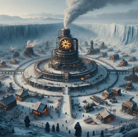 A steampunk-inspired snowy town with a central clock tower, surrounded by circular train tracks and industrial buildings. Steampunk Fortress, Steampunk Clock Tower, Train Concept Art, Frost Punk, Steampunk Train, Dnd Aesthetic, Snowy Town, Fantasy Village, Building Aesthetic