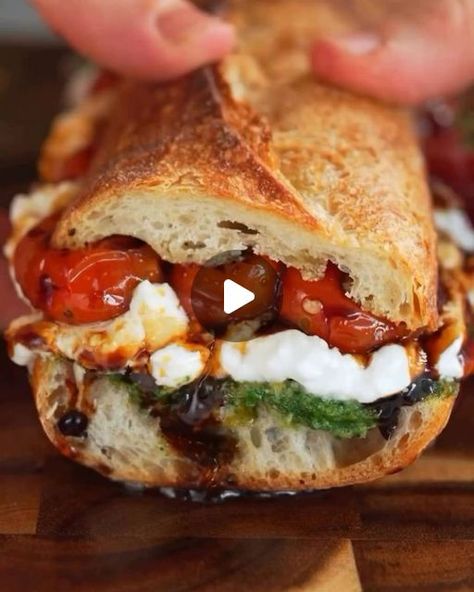 Cherry Tomato Confit, Burrata Caprese, Tomato Confit, Tomato Caprese, Caprese Sandwich, Gourmet Sandwiches, Burrata Cheese, Mediterranean Diet Plan, Homemade Pesto