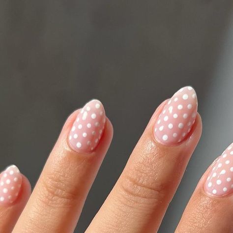 Samantha 🌹 on Instagram: "a break from valentine’s nails for some lil polka dots 🤍  ____  #nails #nailart #nailinspo #almondnails #essie #polkadots" Polk A Dot Nails, White Dots Nails, White Dot Nails, White Dots On Nails, White Nails With Polka Dots, Small Polka Dot Nails, Neutral Polka Dot Nails, Pokadot Nails Acrylic, Beige Polka Dot Nails