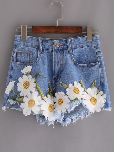 Shop Frayed Embroidered Flower Applique Blue Denim Shorts online. SheIn offers Frayed Embroidered Flower Applique Blue Denim Shorts… Jean Diy, Embroidery Denim, Shorts Diy, Ideas Embroidery, Diy Shorts, Denim Outfits, Painted Jeans, Shorts Style, Painted Denim