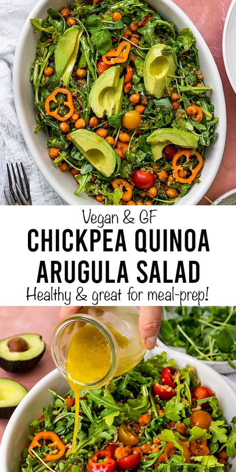 The BEST Vegan & GF chickpea Quinoa Arugula Salad. This healthy vegan salad recipe combines crispy chickpeas, fresh arugula, quinoa, peppers, snap peas, cherry tomatoes, and avocado with a homemade lemon garlic dressing for an easy lunch idea. Plus, it's great for meal prep, high protein, hearty, simple, and ACTUALLY FILLING! Perfect for a crowd & full of delicious salad toppings. #sgtoeats #vegansalad #chickpeasalad #quinoasalad #arugulasalad #healthysalad #vegandressing Quinoa Arugula Salad, Lemon Garlic Dressing, Chickpea Quinoa, Light Lunches, Vegan Appetizer, Garlic Dressing, Plant Based Recipes Dinner, Healty Dinner, Salad With Avocado